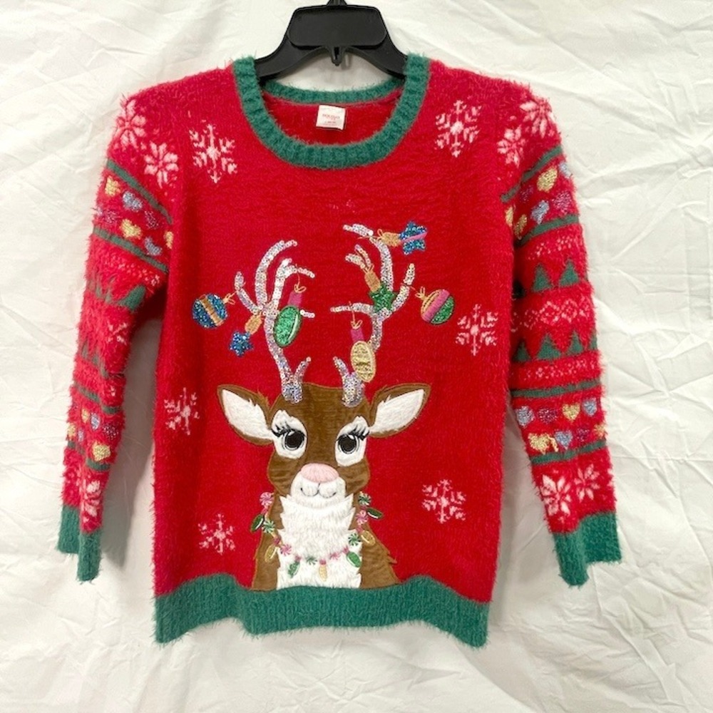 Holiday Time Girls Christmas Sweater Large 10-12 Red Faux Fur Reindeer Sequin